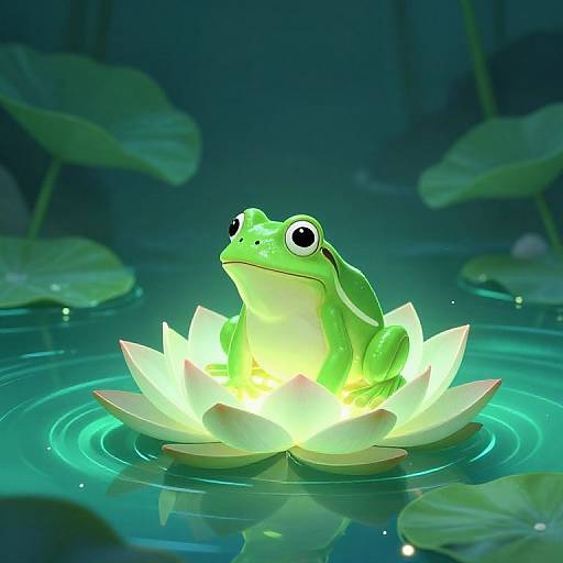 Digital artwork of a glowing green frog sitting in a luminous white lotus flower, surrounded by teal water and large lily pads, creating a magical