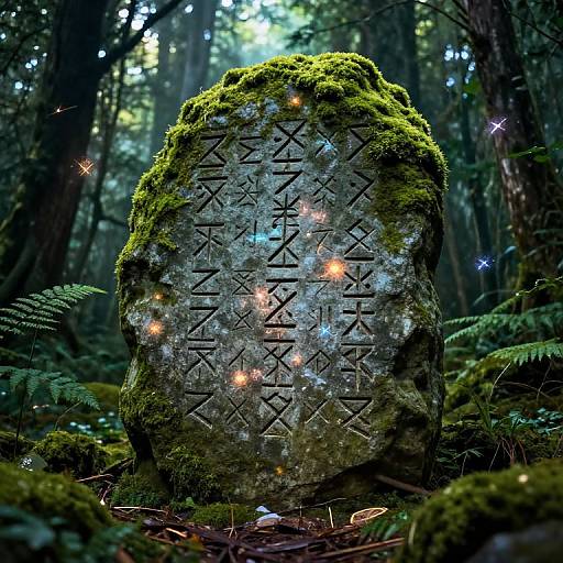 Ancient Rune Tablet in Enchanted Forest