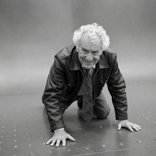 Elderly Man Crawling on Riveted Metal Surface