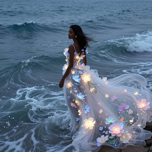 Photograph of a dark-skinned woman with long black hair, wearing a glowing, flower-adorned, white tulle dress, standing in ocean