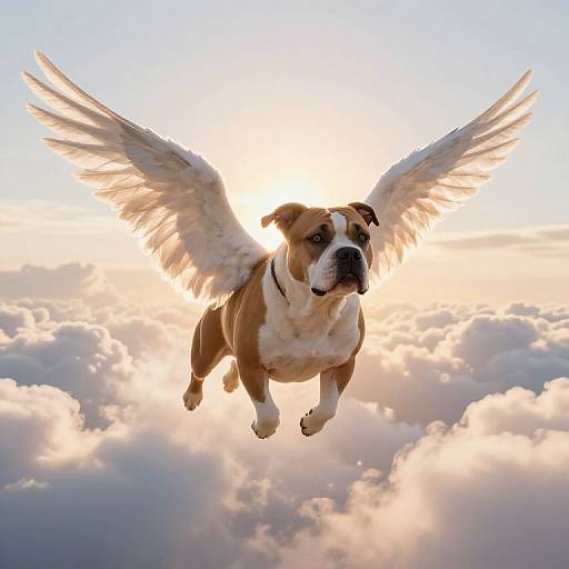 Photograph of a brown and white bulldog with angel wings, flying above fluffy clouds with a bright sun in the background.