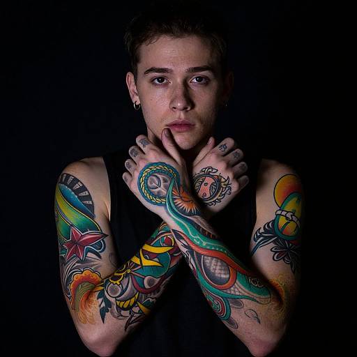 Photograph of a young man with short curly hair, tattooed arms, crossed hands, and intense expression, wearing a black tank top against a black