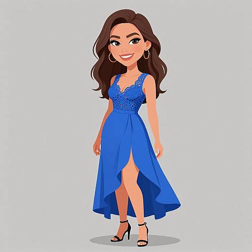 Digital illustration of a smiling woman with long brown hair, wearing a blue lace-embellished dress with a high slit, black high heels, and