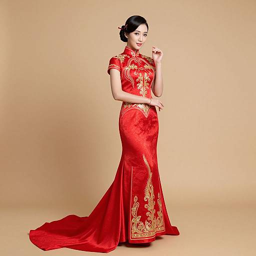 Elegant East Asian Woman in Red Cheongsam