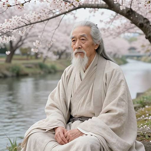 Wise Elder by Cherry Blossom River