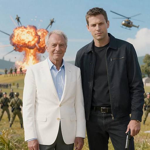 Two Men with Explosion and Soldiers Background