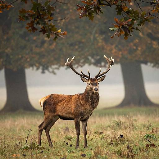Photograph of a majestic stag with large antlers standing in a grassy, autumnal forest clearing, with blurred trees in the background.
