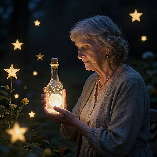 Photograph: Elderly woman with curly gray hair, wearing a gray cardigan, holding a glowing star-patterned lantern, surrounded by twinkling star