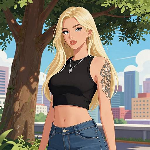 Digital anime-style drawing of a blonde woman with blue eyes, wearing a black crop top and blue jeans, showcasing a floral tattoo on her right arm,