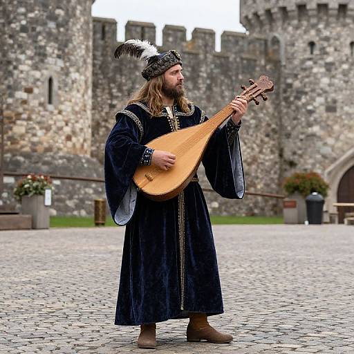 Photograph of a long-haired, bearded man in medieval attire, playing a lute in front of a stone castle courtyard.