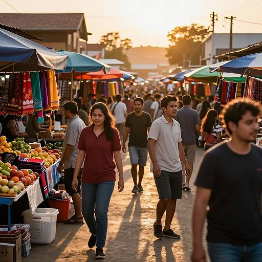 Photograph of a bustling outdoor market at sunset, with colorful stalls, people shopping, and a golden sun setting in the background.