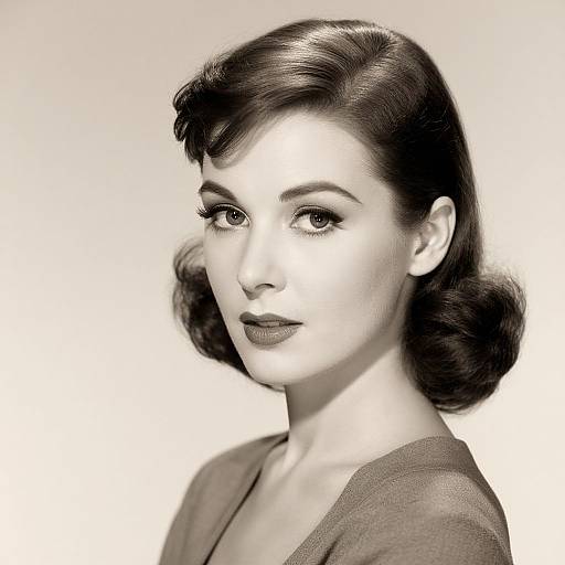 Black-and-white photograph of a 1940s-style woman with dark, wavy, shoulder-length hair, wearing a simple, V-neck dress,