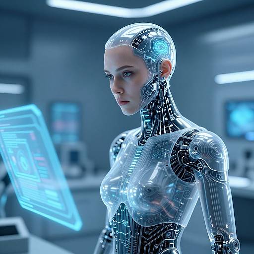CGI image of a transparent, cybernetic woman with blue glowing circuits, in a futuristic, dimly lit laboratory, looking serious.