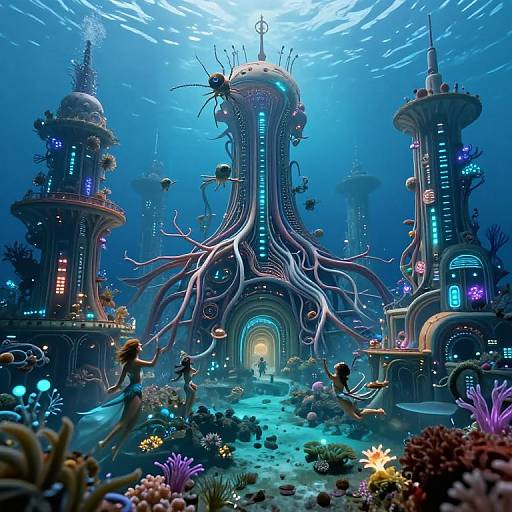 Digital art of a vibrant, underwater sci-fi city with glowing towers, tentacle-like structures, colorful corals, and bioluminescent lights.