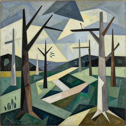 Abstract painting of a forest with geometric, angular trees and shapes in blue, green, brown, and yellow, creating a modern, cubist style.