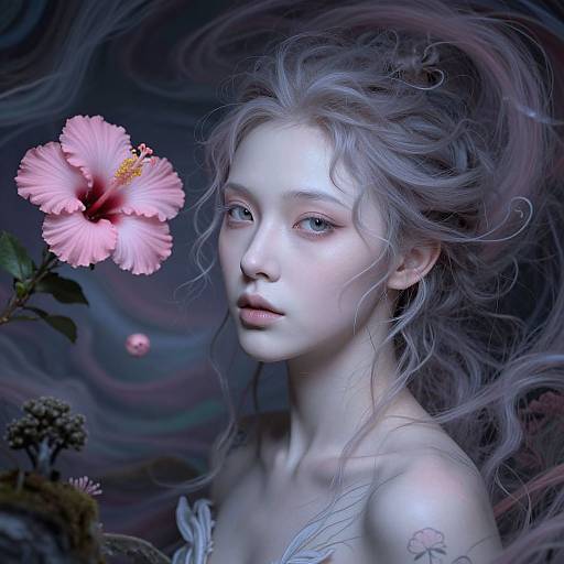 Digital artwork of a pale, ethereal woman with wild silver hair, blue eyes, and a pink hibiscus flower floating before her. Background