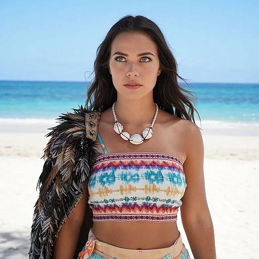 Photograph of a young woman with long dark hair, wearing a colorful striped tube top and shell necklace, carrying a feathered cloak, standing on a