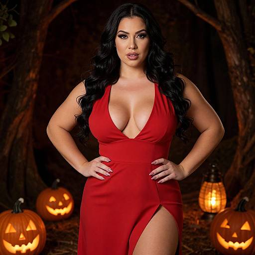 Photograph of a curvy woman with long black hair in a deep red, low-cut dress with a high slit, standing confidently in front of glowing