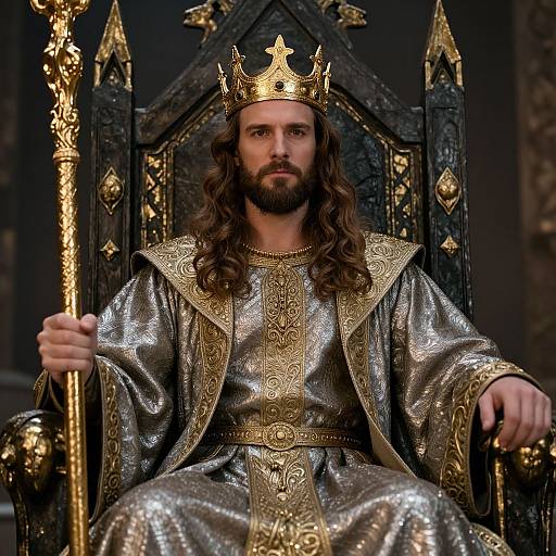 Photograph of a bearded, long-haired king with a golden crown, wearing a shimmering silver robe with gold trim, holding a golden staff,