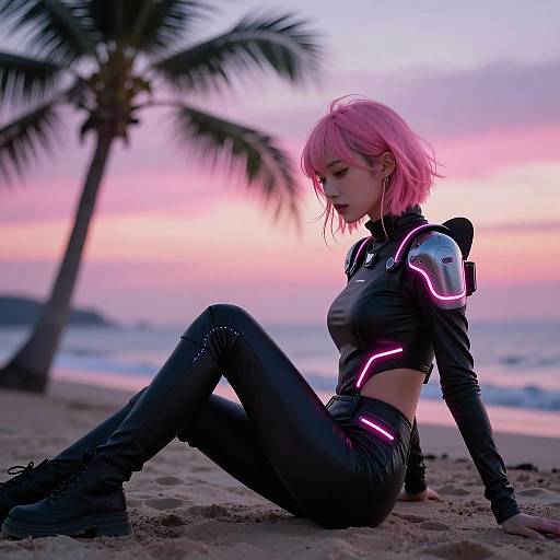 Neon Sunset: Futuristic Woman by the Beach