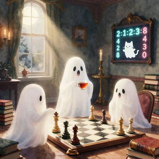 Whimsical Ghosts Playing Chess in Victorian Parlor