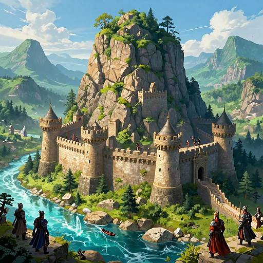 Digital fantasy artwork of a majestic stone castle on a rocky mountain by a turquoise river, with lush greenery and mountains in the background, featuring medieval characters
