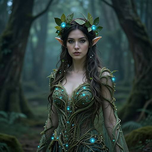 Digital artwork of an ethereal elf woman with glowing blue accents, long dark hair, green leafy crown, pointed ears, and intricate forest-inspired armor
