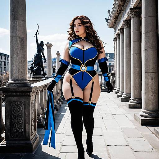 Curvy Woman in Blue and Black Cosplay Bodysuit