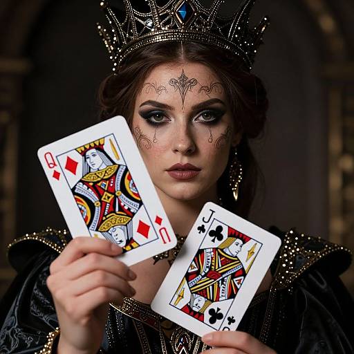 Photograph of a dark-haired woman with intricate face paint, wearing a sparkling crown, holding Ace of Spades and King of Hearts cards.