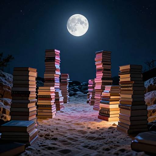 Photograph of a moonlit night scene with tall stacks of glowing books forming a pathway, under a bright full moon.