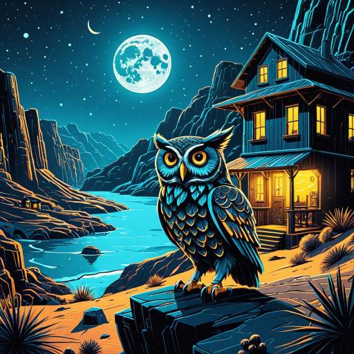 Whimsical Neon Owl in Desert Canyon