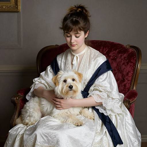 Photograph of a young woman with fair skin and dark brown hair in an updo, wearing a white lace dress with a black shawl, gently