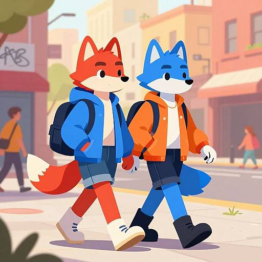 Cartoon-style digital art of two anthropomorphic foxes, one red and one blue, walking side-by-side in a sunny urban street, wearing hood