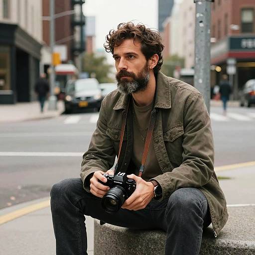 Photograph of a bearded, curly-haired man with a serious expression, sitting on a city street curb, wearing a green jacket and holding a camera