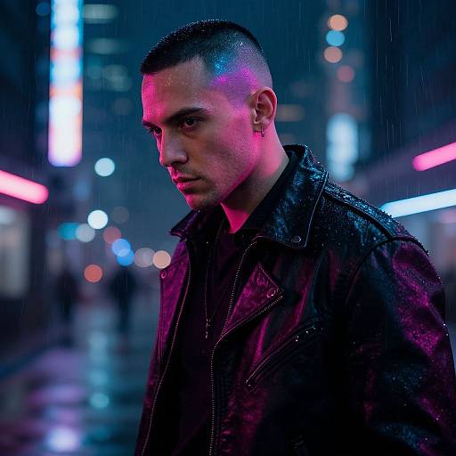 Neon-lit, rain-soaked urban street photograph of a serious, short-haired man in a wet, dark leather jacket with pink and blue lighting