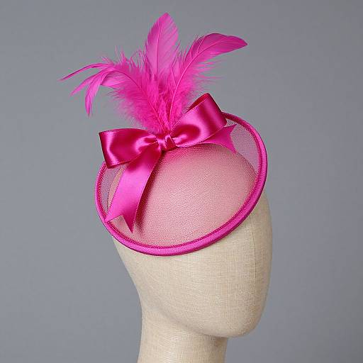 Photograph of a white mannequin head wearing a pink feathered hat with a matching pink satin bow, set against a plain gray background.