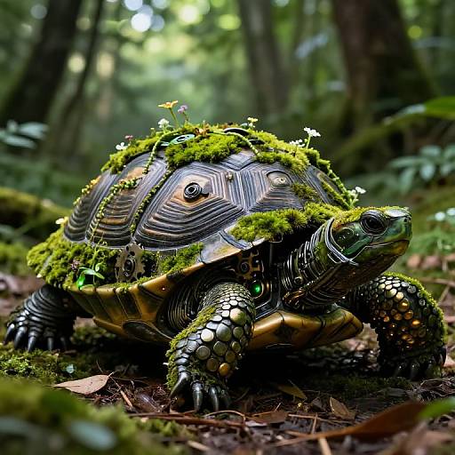 Photograph of a detailed, realistic turtle with moss-covered shell, adorned with tiny white flowers, in a lush, sunlit forest.