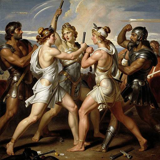 Baroque-style painting of four muscular women in white togas fighting five armored men with swords, dramatic sky background, intense action.