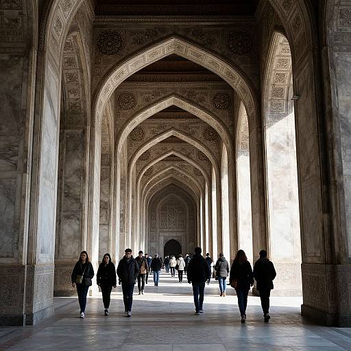 Photograph of a sunlit, arched, marble corridor with intricate patterns, silhouetted people walking, and detailed carvings on the