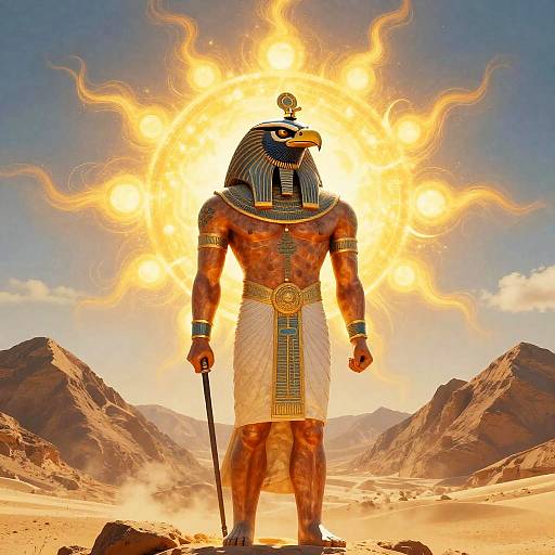 Photograph-like digital artwork of an Anubis-like figure with a sun halo, standing in a desert with mountainous background, wearing Egyptian attire and