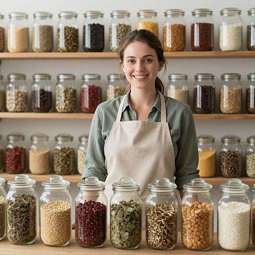 Photograph of a smiling brunette woman in a green shirt and white apron, standing in a pantry with shelves of jars filled with various grains and beans