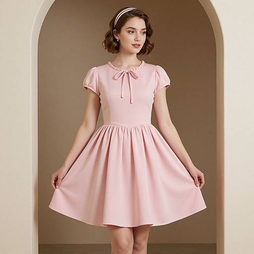 Photograph of a fair-skinned woman in a vintage, short-sleeved, pink dress with a bow, standing in an arched, beige