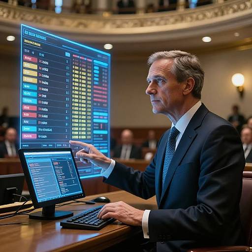 Photograph of a middle-aged man in a black suit, white shirt, and gray tie, pointing at a large financial market screen in a dimly