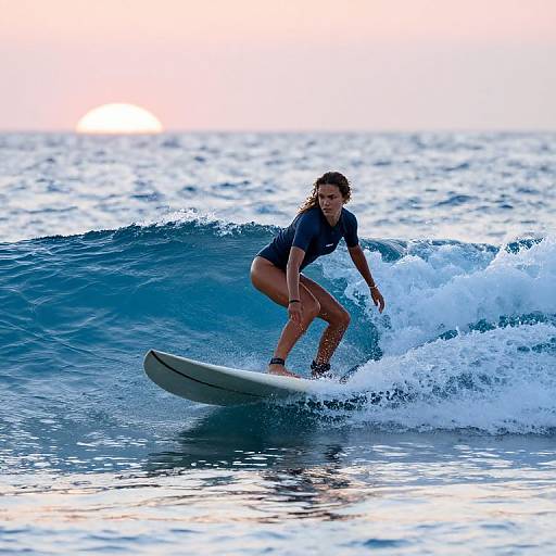 Determined Female Surfer Riding Morning Wave