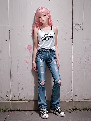 Digital artwork of a pale-skinned, pink-haired girl in a white tank top and ripped blue jeans, standing against a worn, gray wall.