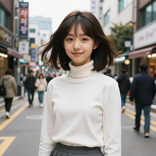 Photograph of an Asian woman with shoulder-length black hair, wearing a white turtleneck sweater, standing in a bustling urban street. Blurred pedestrians