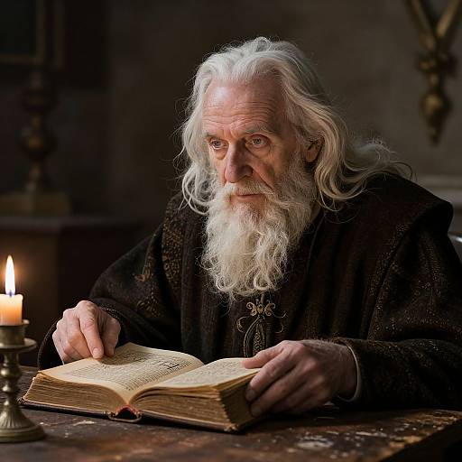 Photograph of an elderly white man with long white hair and beard, wearing a dark, textured robe, reading an old book by candlelight.