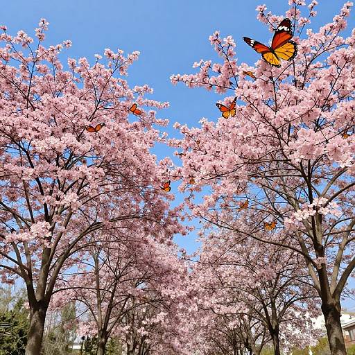 Photograph of vibrant pink cherry blossoms with three orange and black butterflies flying against a clear blue sky. Trees fill the frame.
