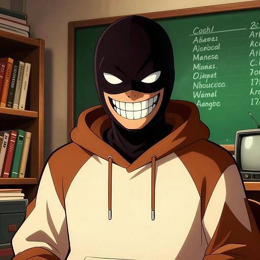 Digital art of a masked man with glowing white eyes and a wide grin, wearing a brown and white hoodie, in a classroom with a green chalkboard
