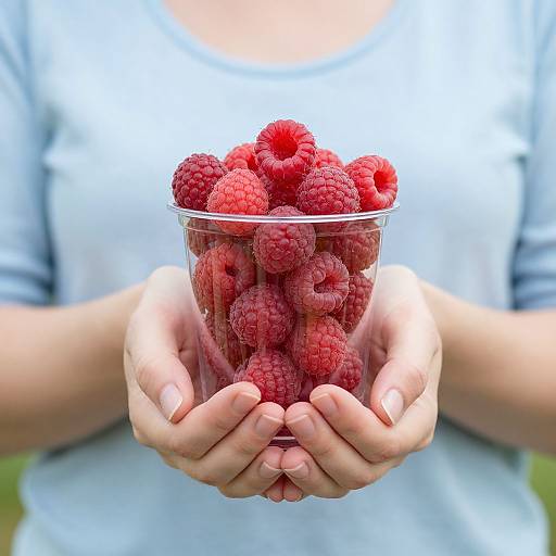 Woman Holding Cup of Raspberries